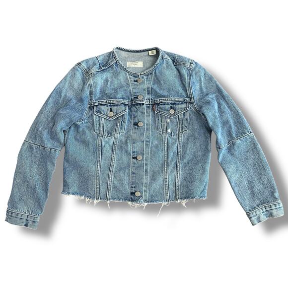 Levi’s Altered Trucker Jacket L Women’s Large Cropped Raw Hem Collarless Denim - Picture 1 of 14